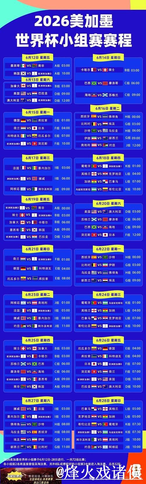 2026世界杯赛程表及高清直播时间安排 2026世界杯赛程表及高清直播时间安排